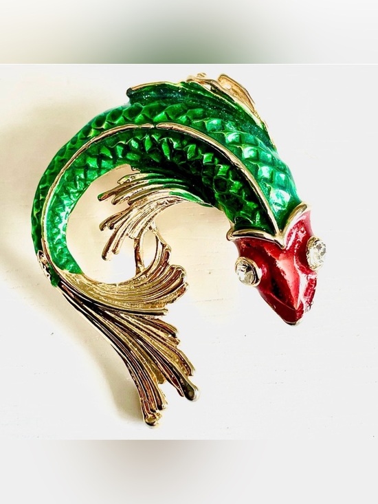 Vintage Jewelry - SOLD | Vintage Koi Fish Brooch Green Red Gold Enamel Rhinestone Statement Pin